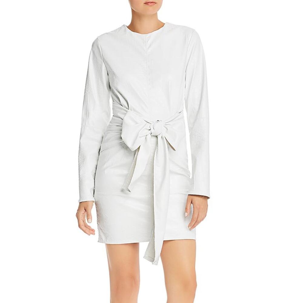 MSGM Abito Faux Leather Dress NEW Croc Embossed Tie Sash Belted White Mini Sz M